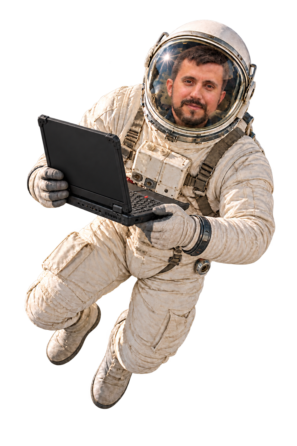 An imagined portrait of Fernando floating above Earth in a vintage spacesuit, holding a rugged laptop.